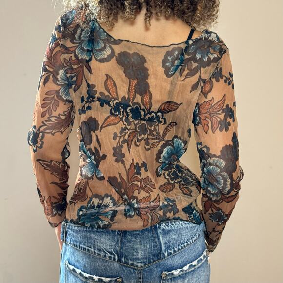 Vintage 90s micro mesh romantic floral long sleeves blouse (S/M) sheer grunge - Picture 3 of 7